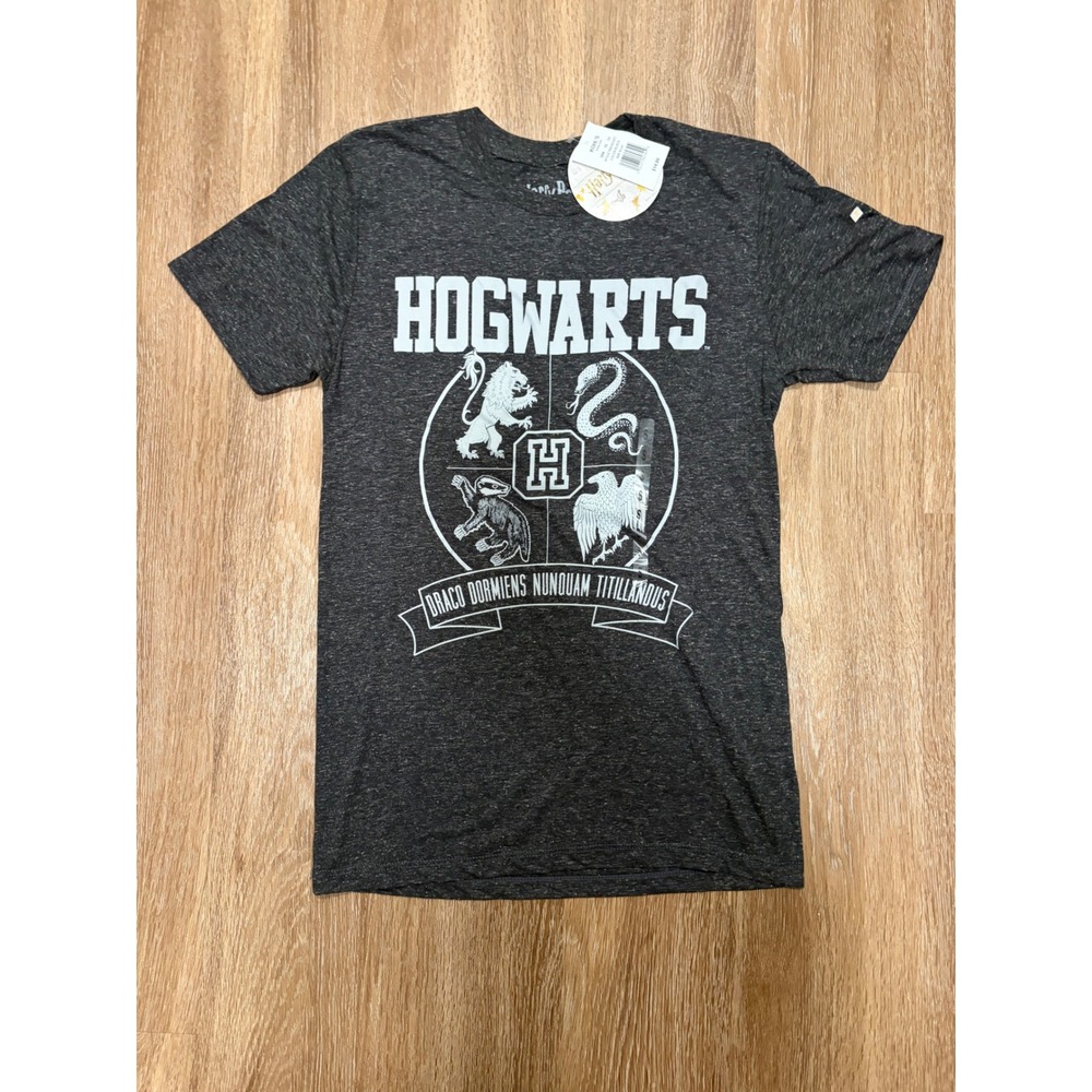 Harry Potter Hogwarts Crest Graphic T-Shirt Mens Small Black Heather Linen Blend